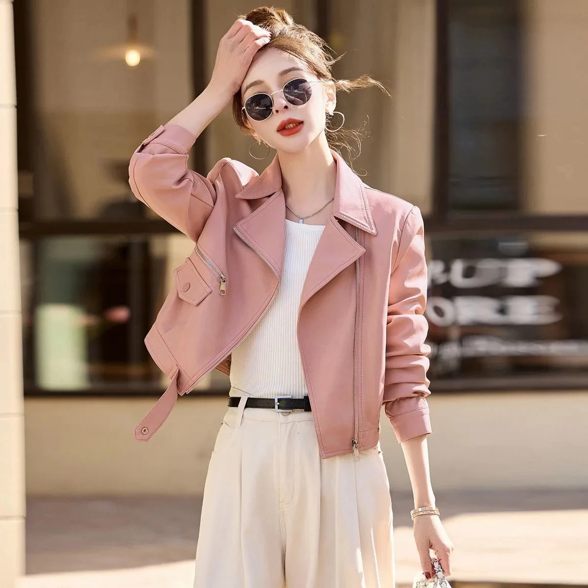 Faionable ort Slim Fit Leather Jaet Women's Outerwear 2025 New Sle Autumn Season Ladies' Coat Sli Motorcycle