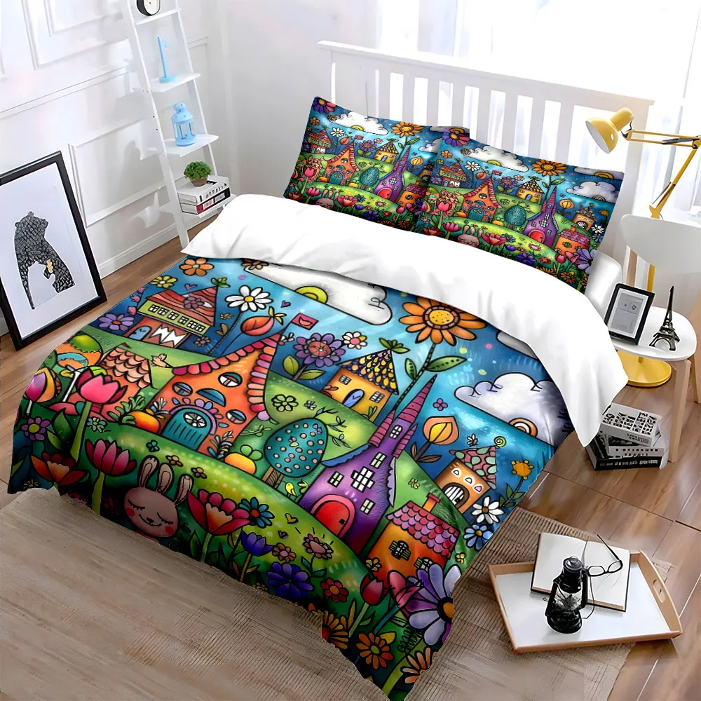 Fairy-tale colorful houses and garden Printed Duvet Cover Set1 Duvet Cover+2 PillowcaseMulti Size Bedroom Bedding Decoration