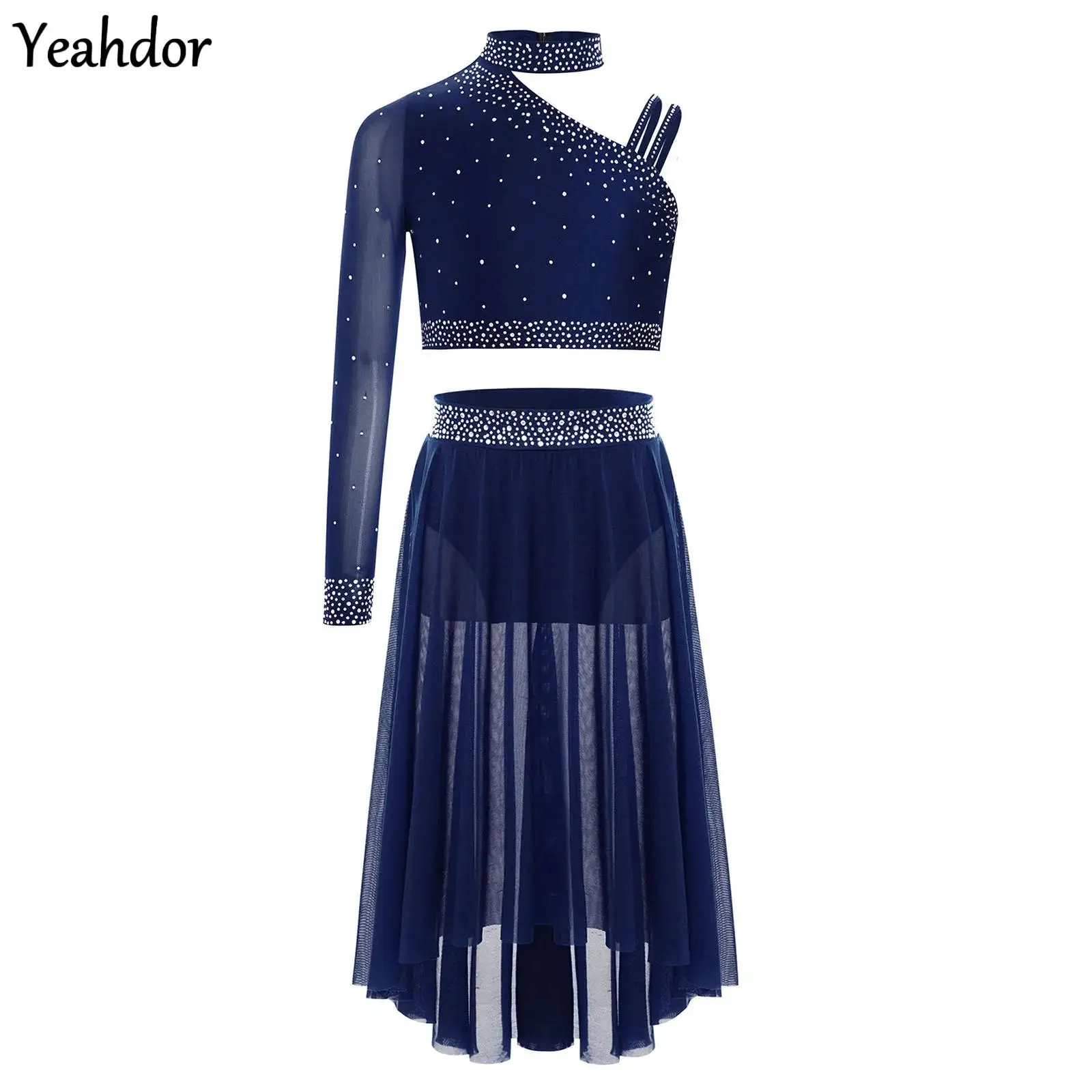 

Girls Lyrical Dance Set Rhinestone Tops One Shoulder Crop Top with Side Slit Irregular Mesh Skirt Modern Contemporary Dancewear