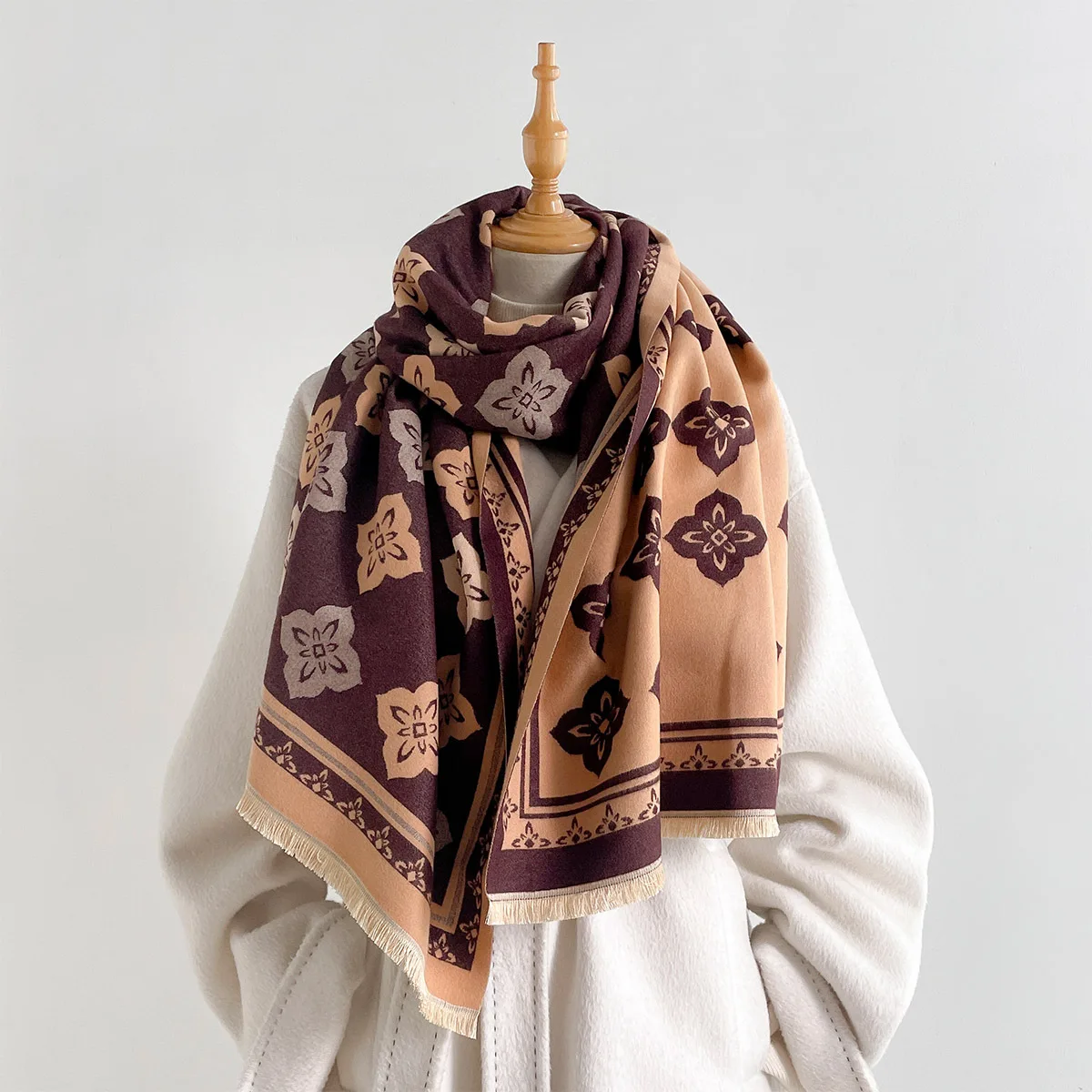 Vintage Pashmina Brushed Scarf Winter Soft Warm Shawl Tassel Edge Thick Reversible Women Scarves Wrap for Casual and Present