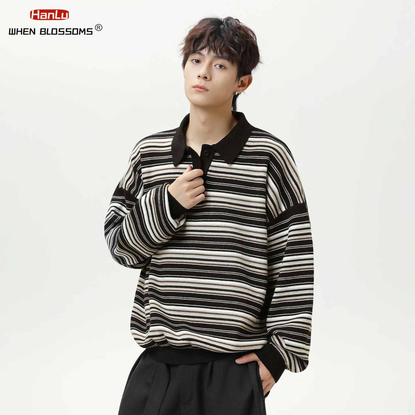 Hanlu 2025 Unisex Japanese Vintage Stripe Polo Sweater Fake Two Piece Couple Oversized Long Sleeve Knitwear