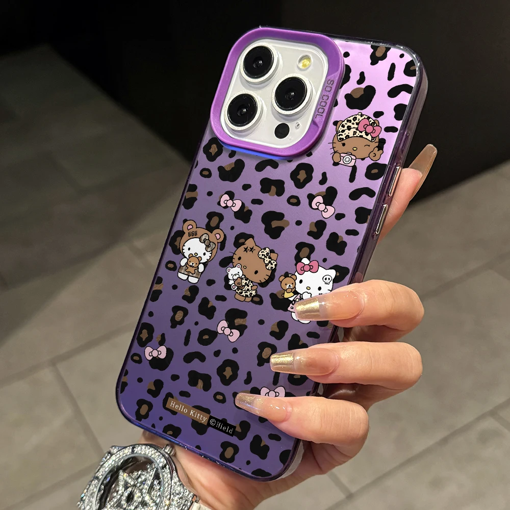 Leopard print Hello Kitty Phone Case for Apple iPhone 16 15 14 Plus 13 12 11 iPhone16 iPhone13 Pro Max X Xs XR 8 7 Silver Cover