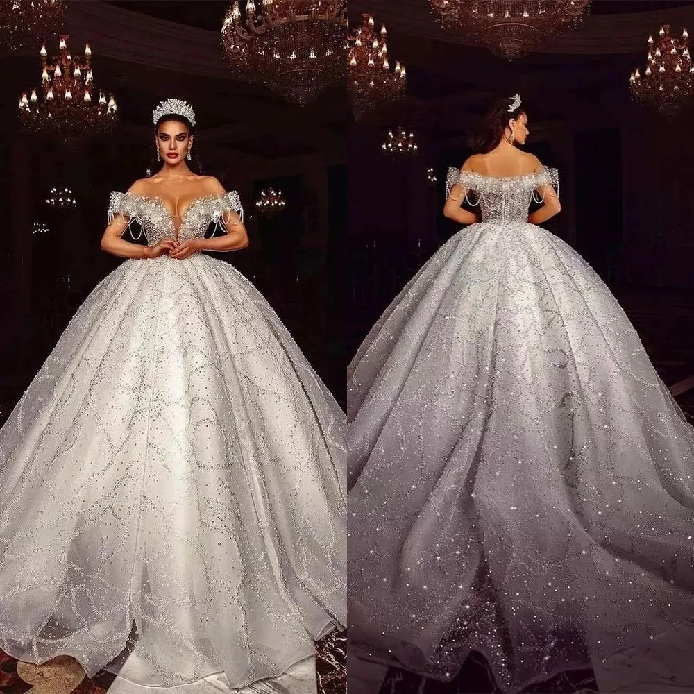 Charmante Parels Kristallen Pailletten Trouwjurken Off Shoulder Prinses Bruidsbaljurken Op Maat Gemaakte Vestidos De Novia