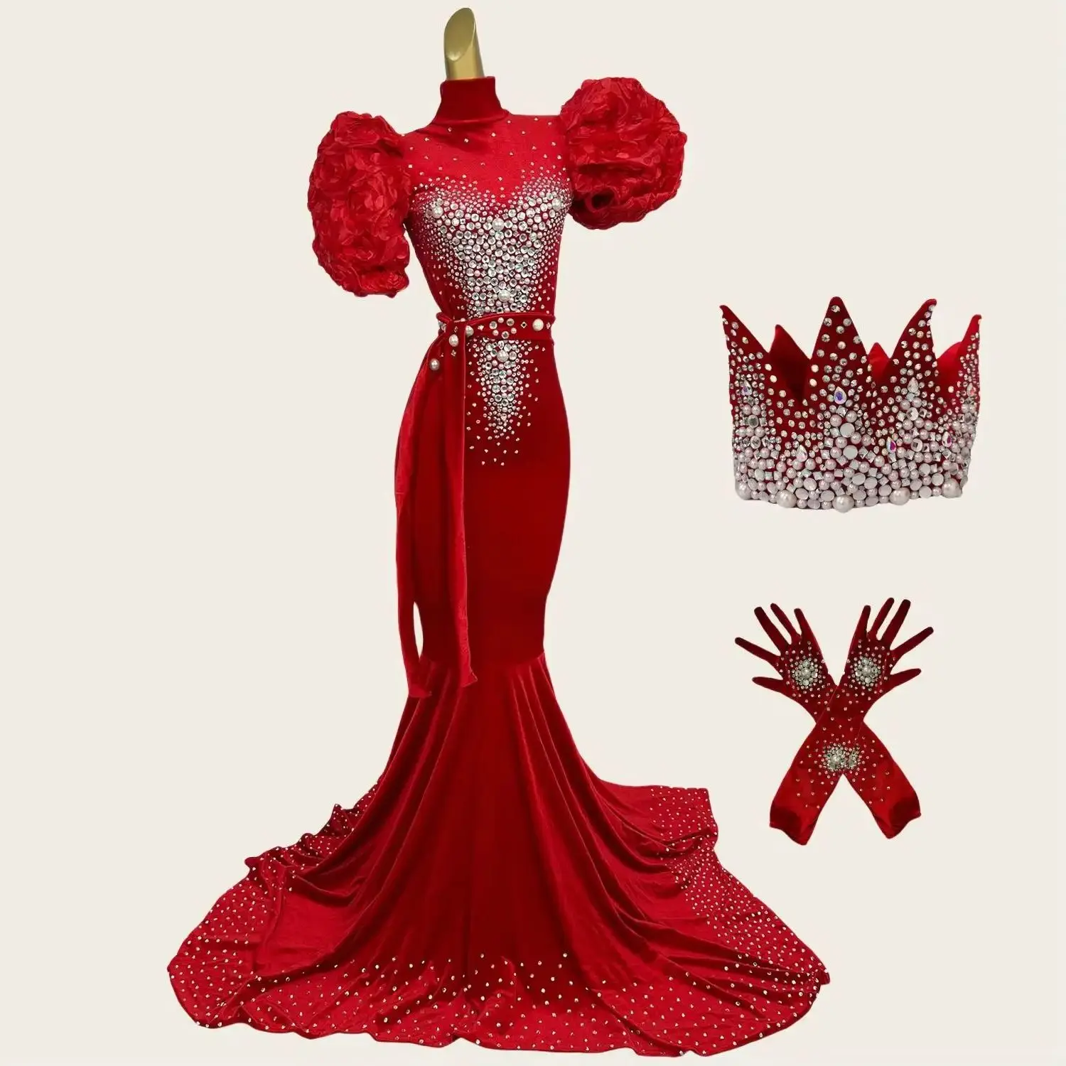Sirong glitzerndes Kristallperlen-Samtkleid für Damen, formelles langes Kleid mit Puffärmeln und Kronenhandschuhen, Club-Abschlussball, Party, Queen Couture