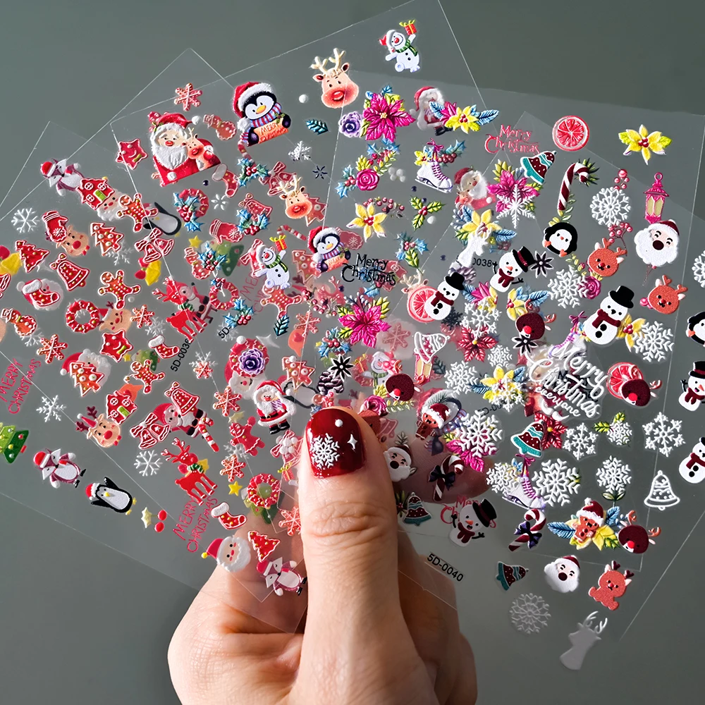 5D 입체 크리스마스 진저브레드맨 네일 스티커 크리스마스 레드 벨 리본 사탕 쿠키 네일 데칼 셀프 접착 네일 장식