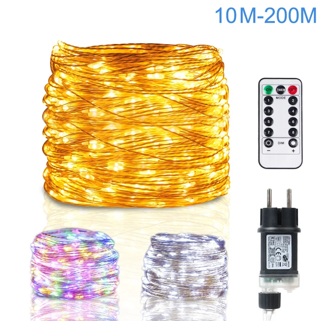 Lampki LED sznurkowe 10M-200M, srebrny drucik, girlanda urodzinowa, dekoracja na zewnątrz, do domu, na Nowy Rok, choinkę, wesele, imprezę, lampki ozdobne.