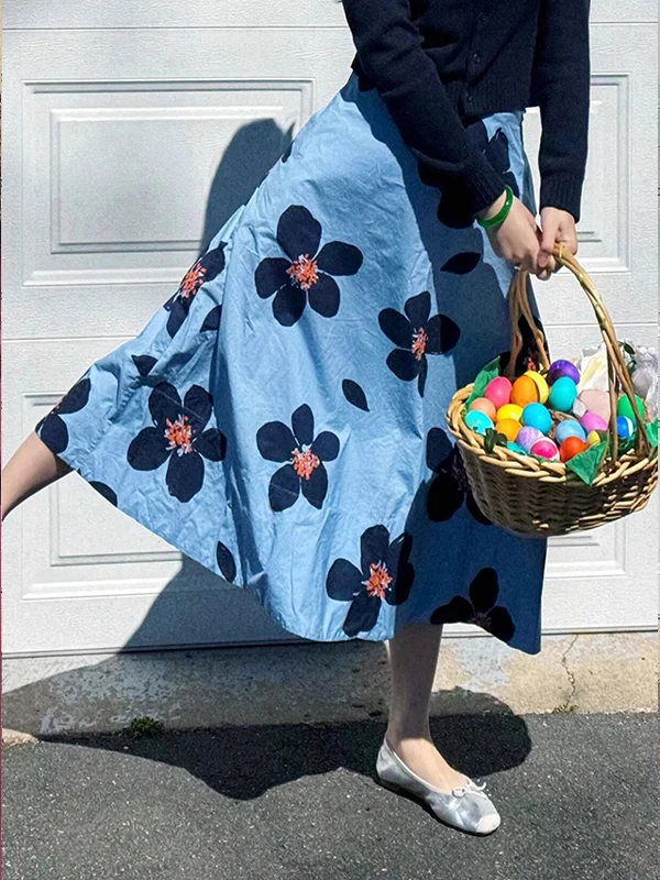 Blauwe Bloemenprint A-lijn Midi Rok Hoge Taille Drapey Zomer Herfst Nieuwe Sle Vrouwen Faion Pendelen Koreaanse Versie Rok