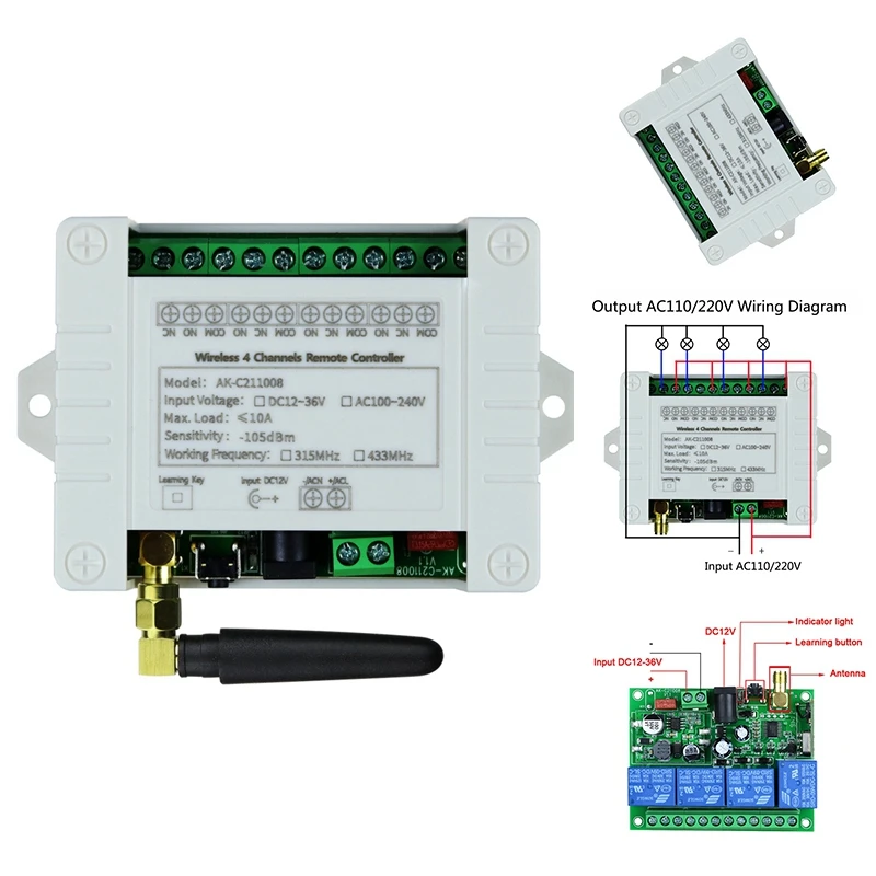 Беспроводной 4-канальный пульт дистанционного управления Φ переключатель релейный выход Радиочастотный пульт дистанционного управления 433 мгц приемник