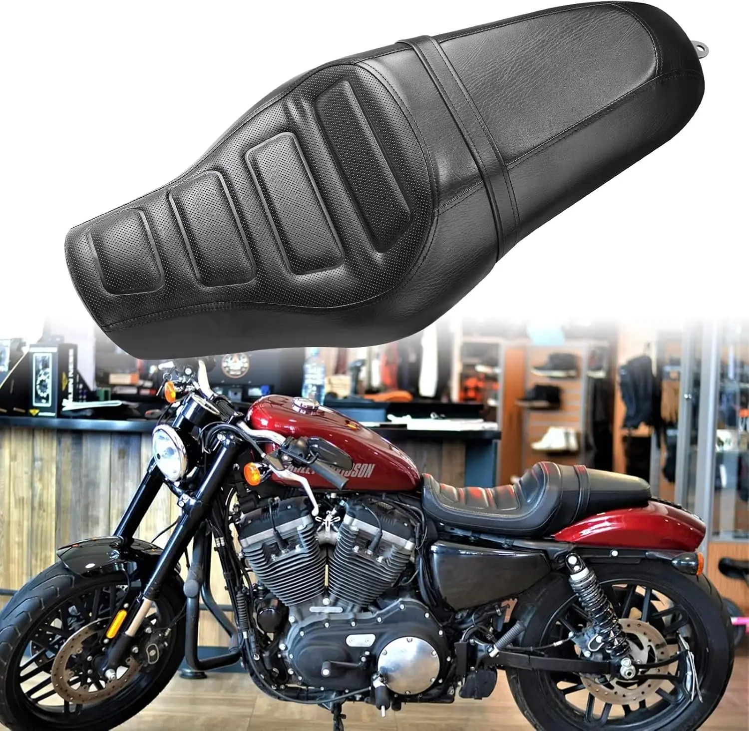 Motorcycle Two-Up Seat for Driver and Passenger, Black, Fits 883 1200 Chopper Bobber Cafe Racer Custom Bikes, Check Fitment