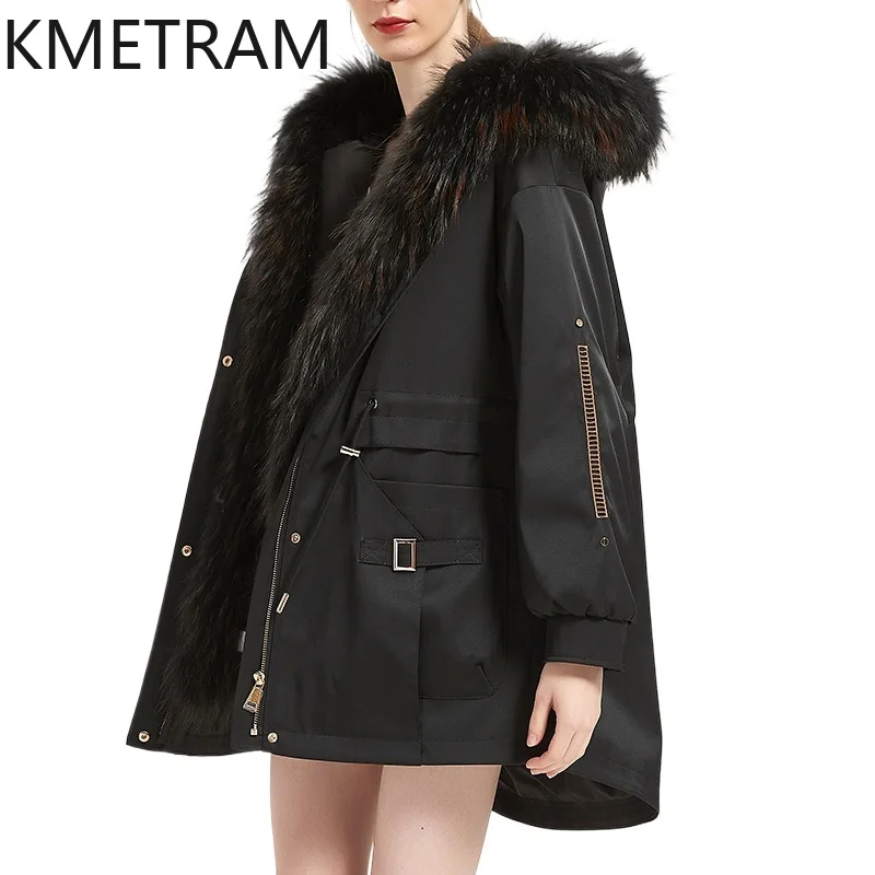KMETRAM الطبيعية ريكس الأرنب الفراء بطانة سترة ملابس خارجية معطف الفرو الأسود الثعلب الفراء طوق منتصف طول الشتاء النساء سترة 2025 أصابع