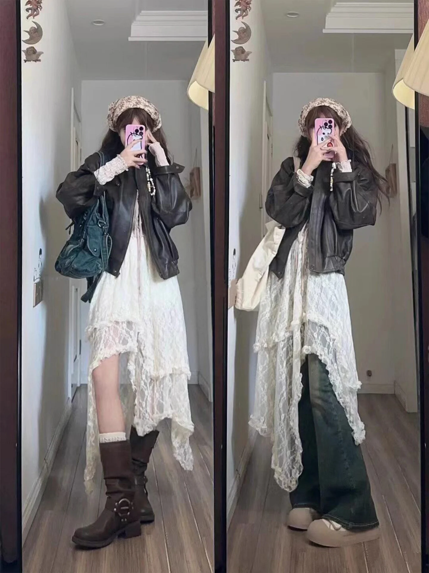 Retro Lace Overlap Half Skirt Women's Autumn Irregular High Waist Mesh Apron Versatile Netting Skirt Casual A-Line Skirt