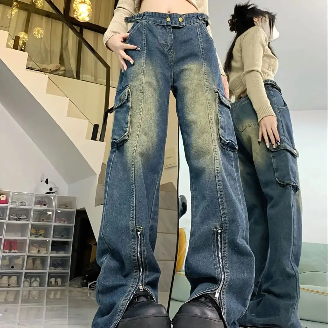 

Zipper Hot Girl Wasteland Style Old Jeans Women Spring Autumn New Versatile Fashion Niche Long Wash Floor Pants