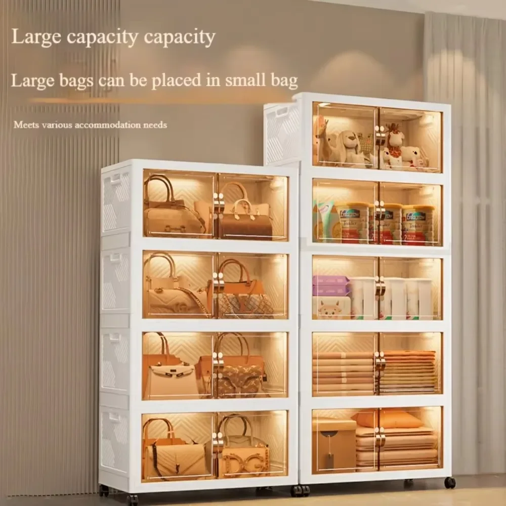 

Customizable HandBag Storage Box with Wheels Multi Layer Floor Standing Stackable Display Cabinet Applicable Dressing Room Cloth