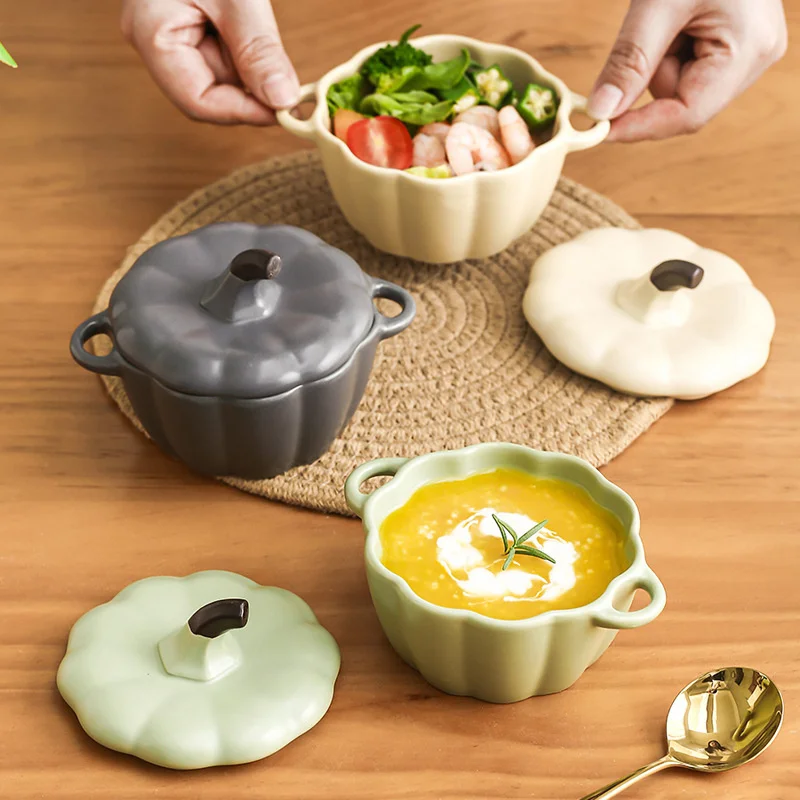 

250ml Pumpkin Shape Ceramic Bowl With Lid Salad Cereal Bowl Glaze Soup Porridge Bakeware Oven Party Baking Pan Kitchen Tableware