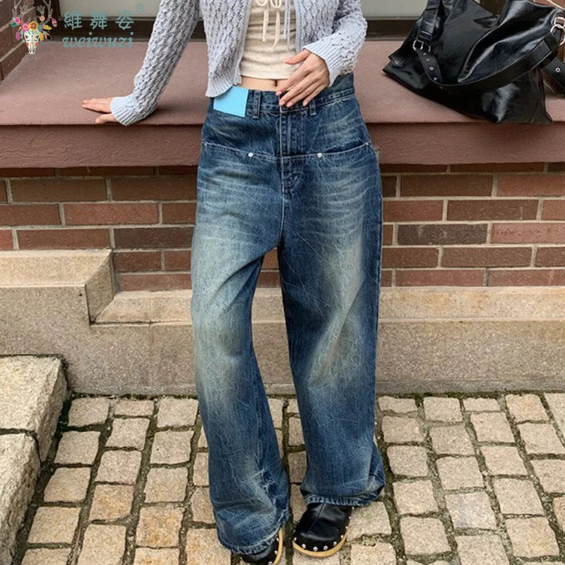 

Классические винтажные женские джинсы, модные мешковатые джинсовые брюки с высокой талией и карманами, осенние повседневные широкие джинсовые брюки с карманами