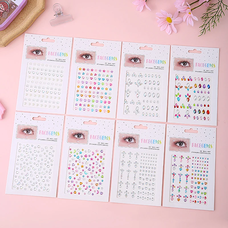 1 Sheet Crystal Tattoo Sticker 3D Glitter Eyebrow Makeup Decor Face Eyes Diamond Kids DIY Temporary Pearl Gem Rhinestone Paster