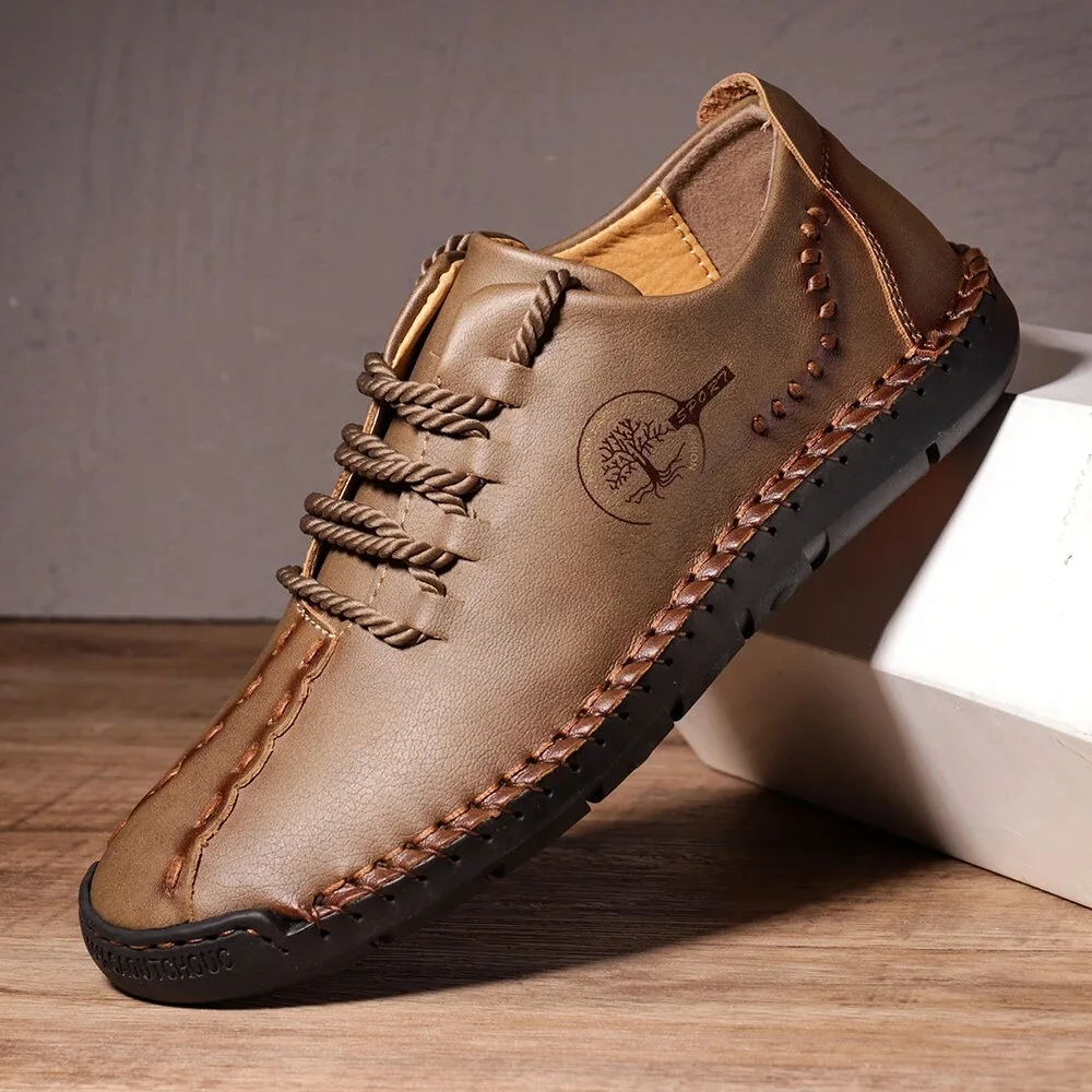 Chaussures en cuir décontractées faites à la main pour hommes, baskets de travail noires, plates, grande taille 48