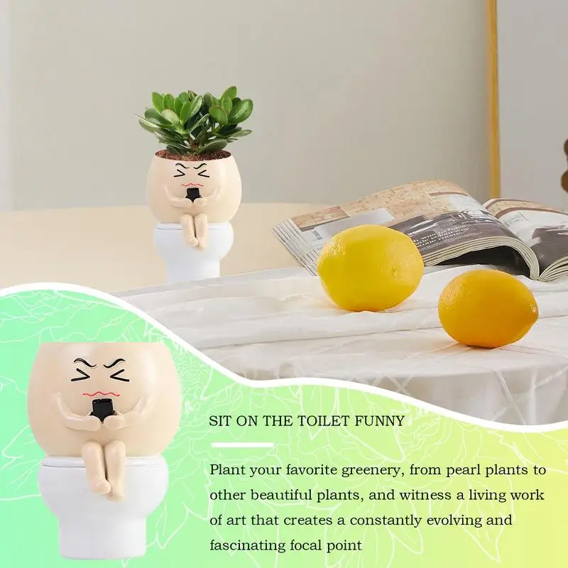 Creative Ceramic Cartoon Cute Frowning Face Planter Sit Toilet Flower Pot Container Desktop Micro-Landscape Home Decoration