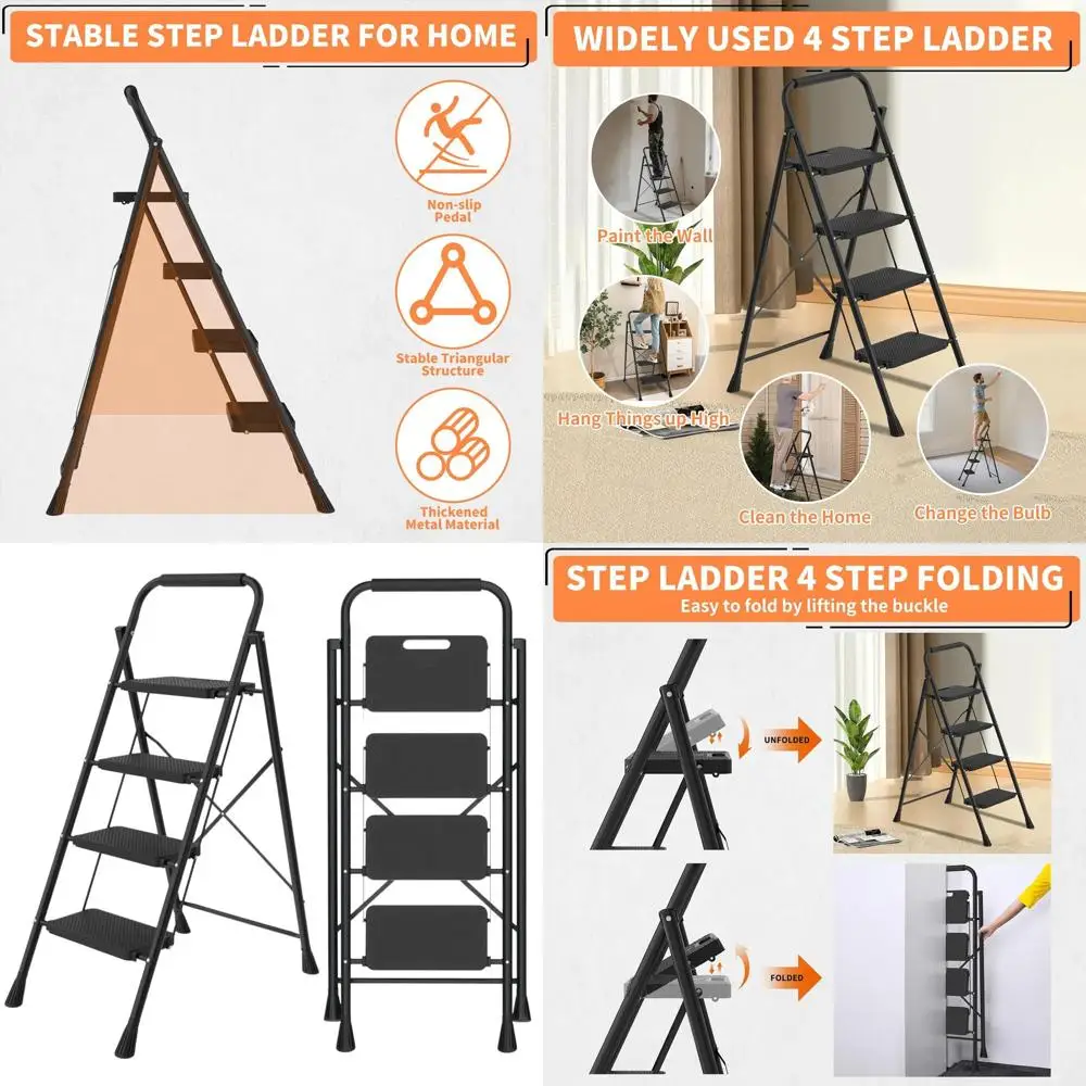

Folding Handrail Step Stool with Wide Treads and Anti-Slip Feet, Durable Kitchen/Closet Ladder for Adults (16.7W x 39.4H, 450lbs