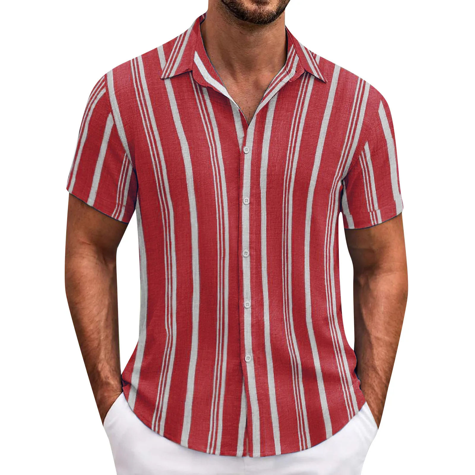 

Men'S Daily Shirts Men'S Summer Striped Shirt Men'S Vintage Button Down Bowling Shirts Short Sleeve Summer Beach Shirts