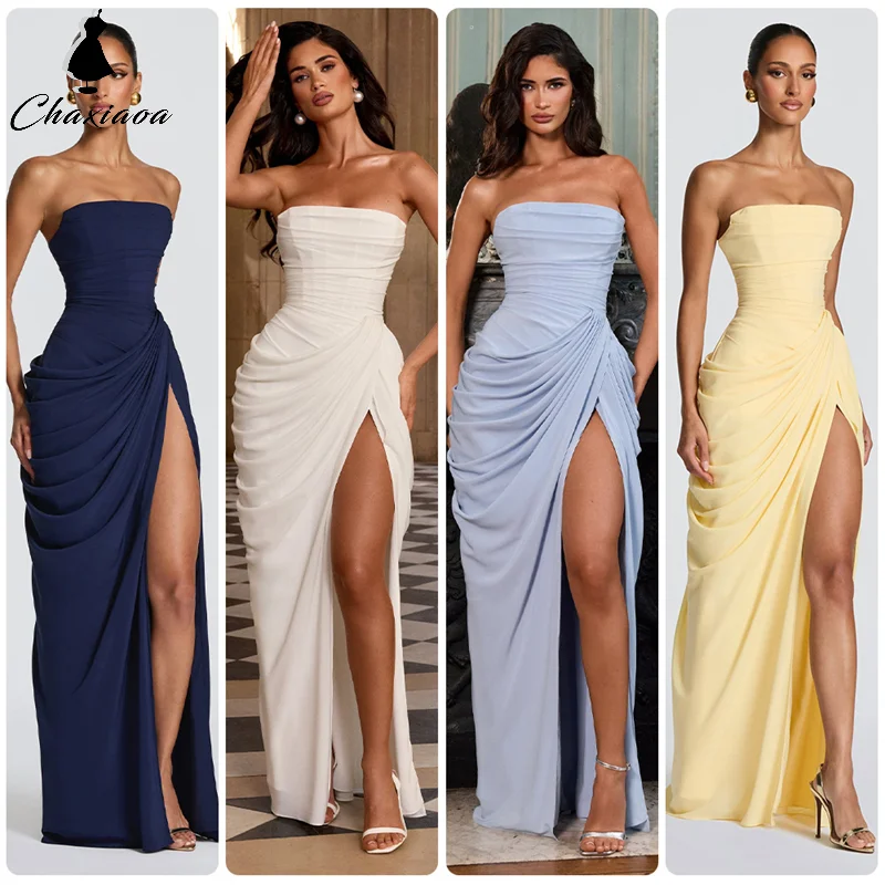 Trägerloses, gerafftes Maxikleid mit hohem Beinschlitz – Elegantes Abendkleid für Hochzeit, Abschlussball, Abendparty, romantische Robe, modisch