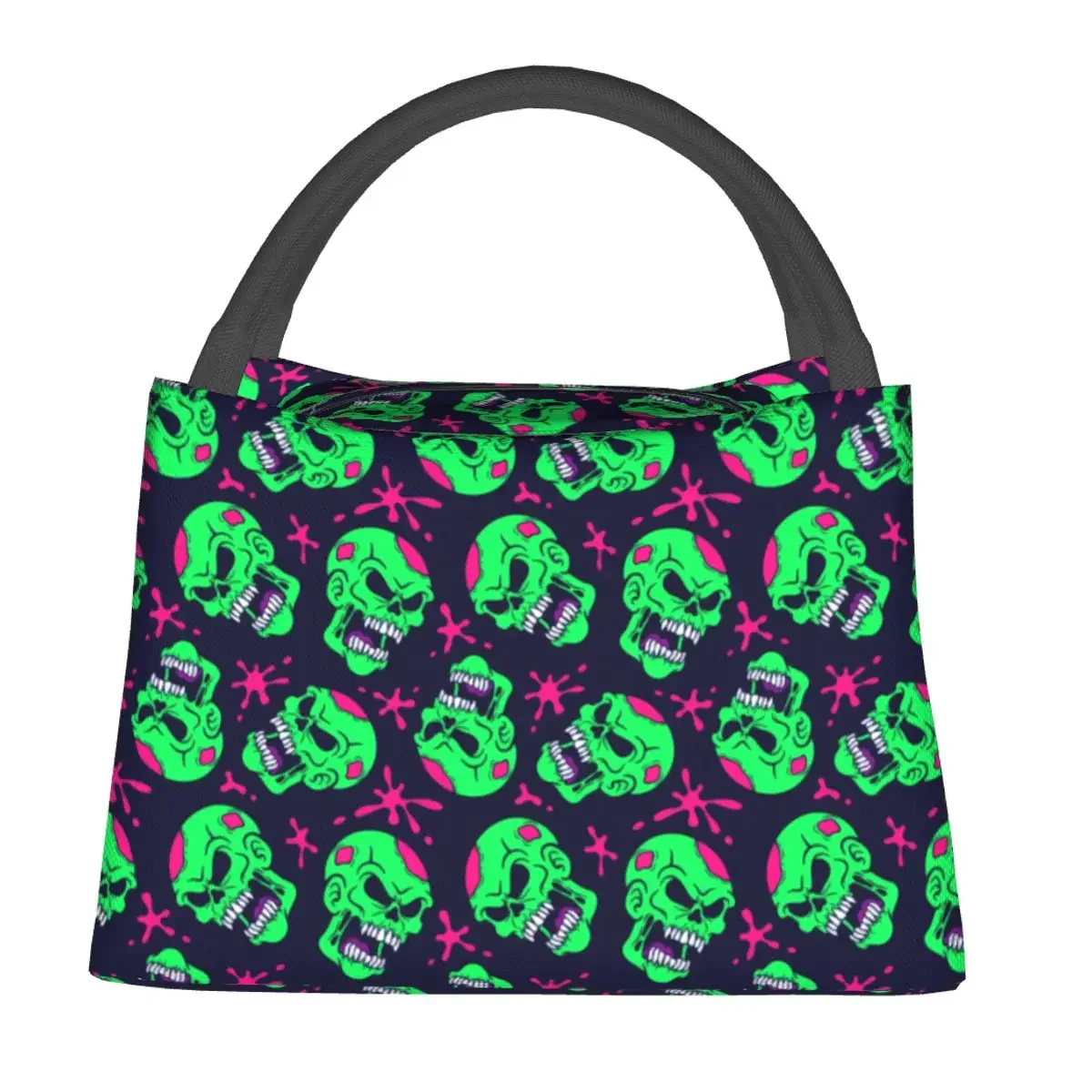 Neon Zombie Skull Lunch Bag Abstract Print Fun Lunch Box School Portable Zipper Thermal Tote Handbags Adult Oxford Cooler Bag