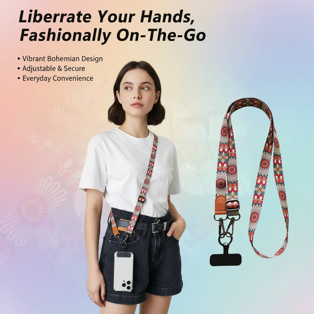 Vintage Floral Print Phone Lanyard Adjustable Crossbody Long Strap Anti-lost Neck Cord with Universal Gasket for All Phone Cases