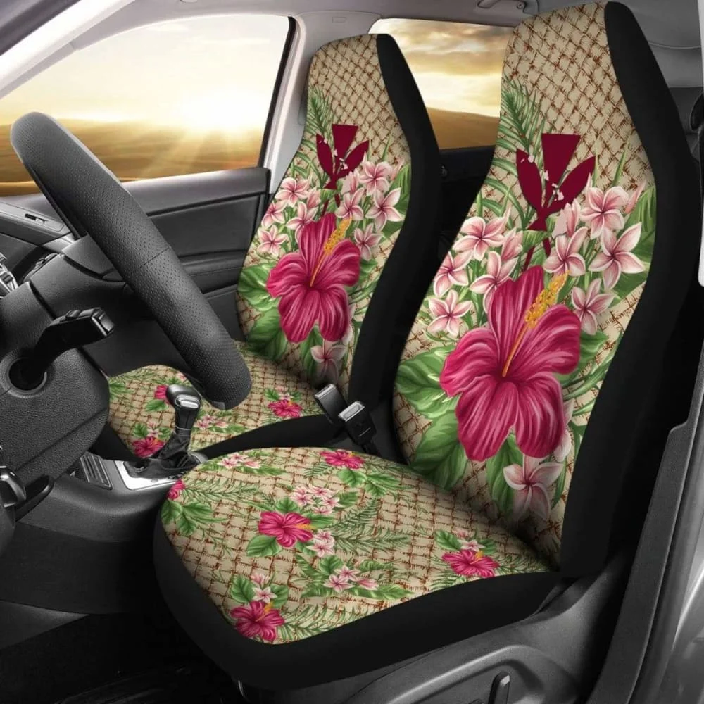 Kanaka Maoli (Hawaiian) Car Seat Covers Lauhala Hibiscus And Plumeria,Pack of 2 Universal Front Seat Protective Cover