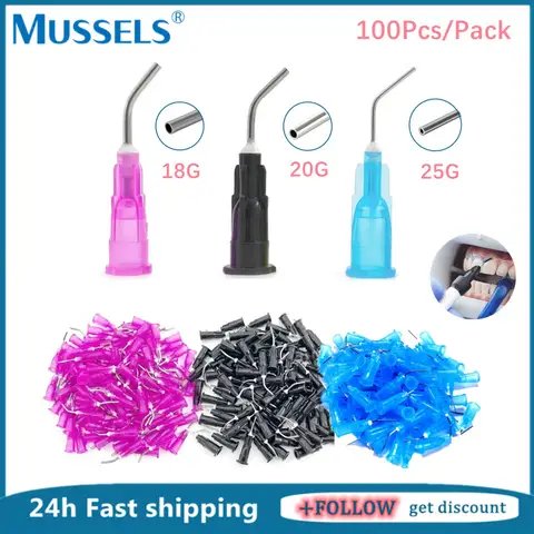 100Pcs Irrigation Bent Needle Tips Endo Dental Acid Etch Flow Composite Resin Reagent Dispensing Delievery Syringe Flushing Tool
