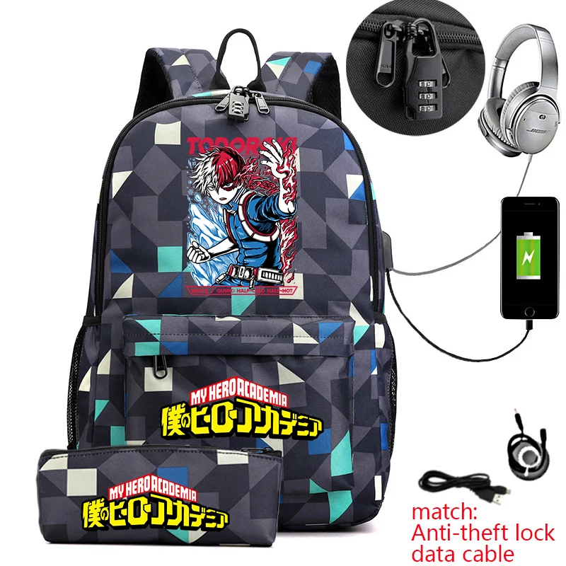 僕のヒーローアカデミア-キッズバックパック-盗難防止-軽量-学生用ブックバッグ-ペンシルケース付き-男の子-女の子-日常学校用