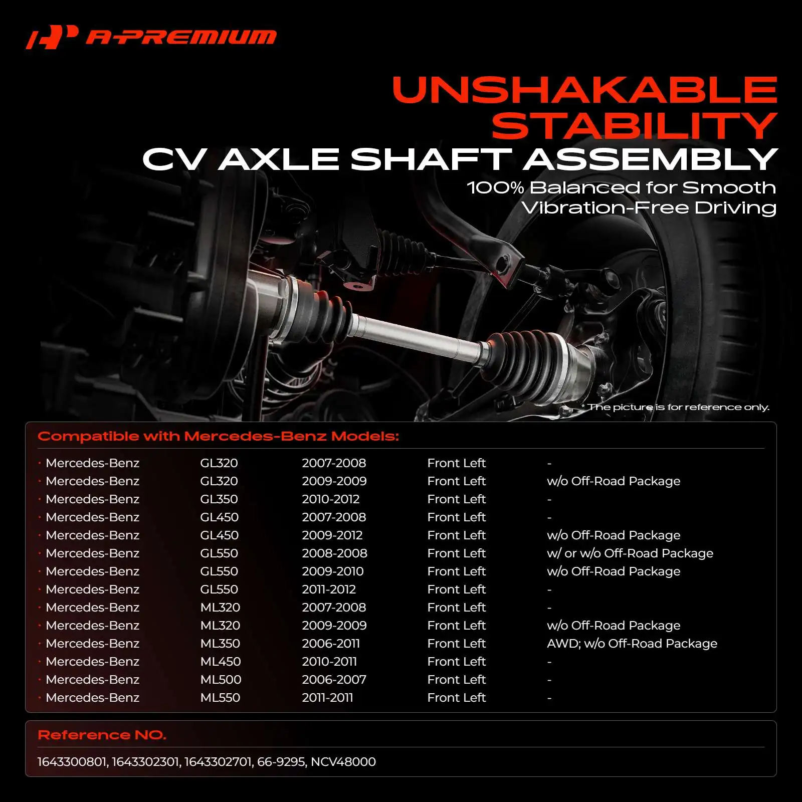 A-Premium Front Driver Side CV Axle Assembly for Mercedes-Benz ML320 2007-2009 ML350 2006-2011 ML450 2010-2011 ML500 2006-2007
