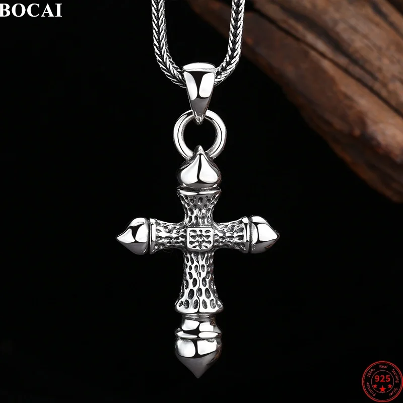 

BOCAI S925 Sterling Silver Charms Pendant for Men Women Chinese Style Retro Meteorite Pattern Cross Amulet Jewelry Wholesale