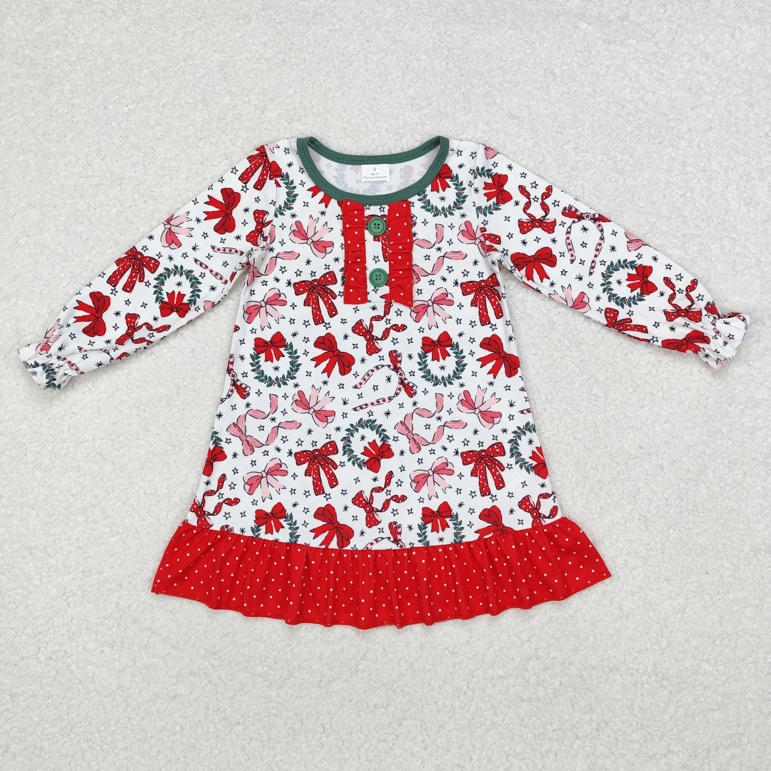

Autumn Baby Girl Long Sleeve Cozy Dress Kids Christmas Bows Ruffle Nightdress Children Knee Length Gowns Dresses Infant Clothing