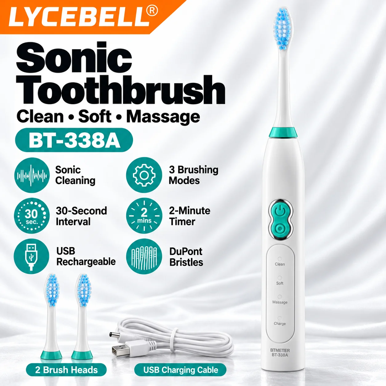 Sonic Electric Toothbrush for Sensitive Gums, USB Rechargeable with 3 Brushing Settings, IPX7 Waterproof and 21-Day Battery Life