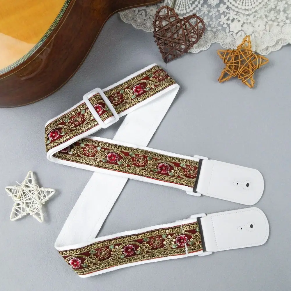 Pearl Embroidery Guitar Strap Adjustable Widening Electric Guitar Belts Leather Ends Guitar Accessories