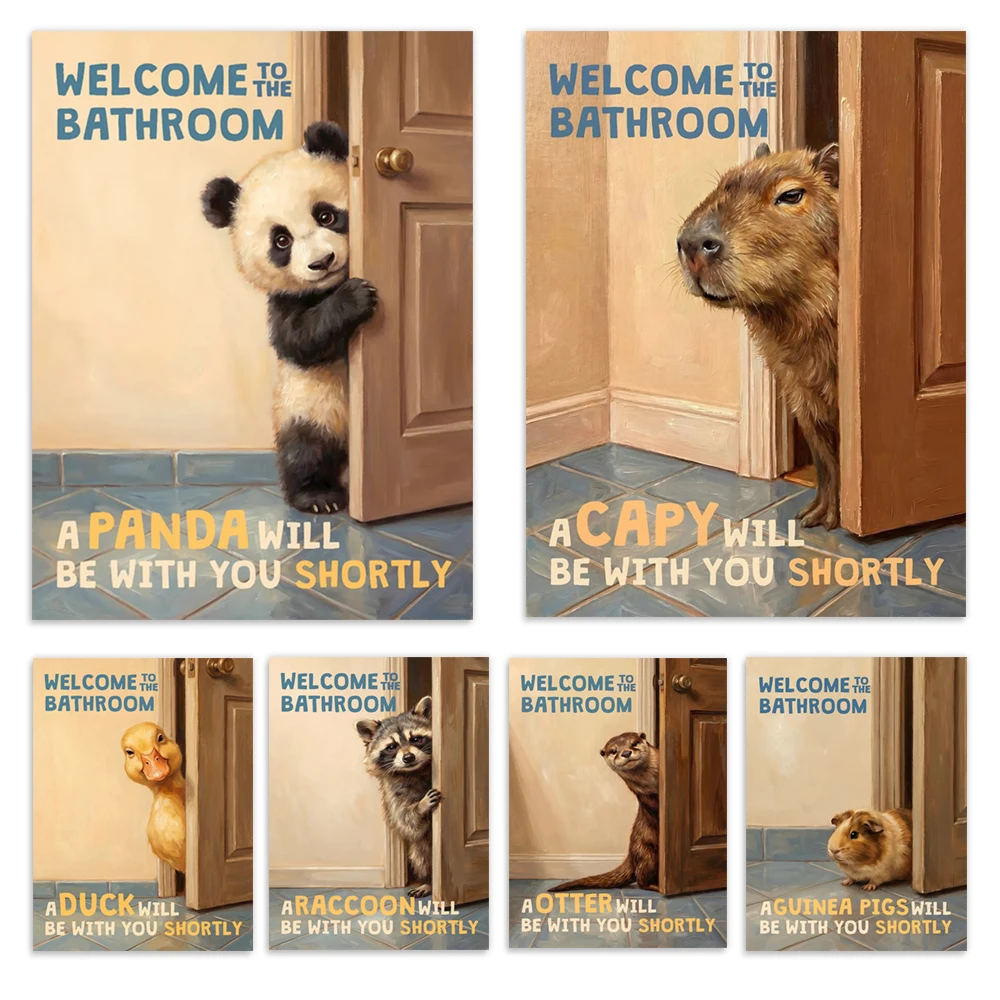 Fun duck, panda, raccoon, cat, guinea pig, otter, capybara bathroom wall decorations, welcome to the bathroom canvas poster.