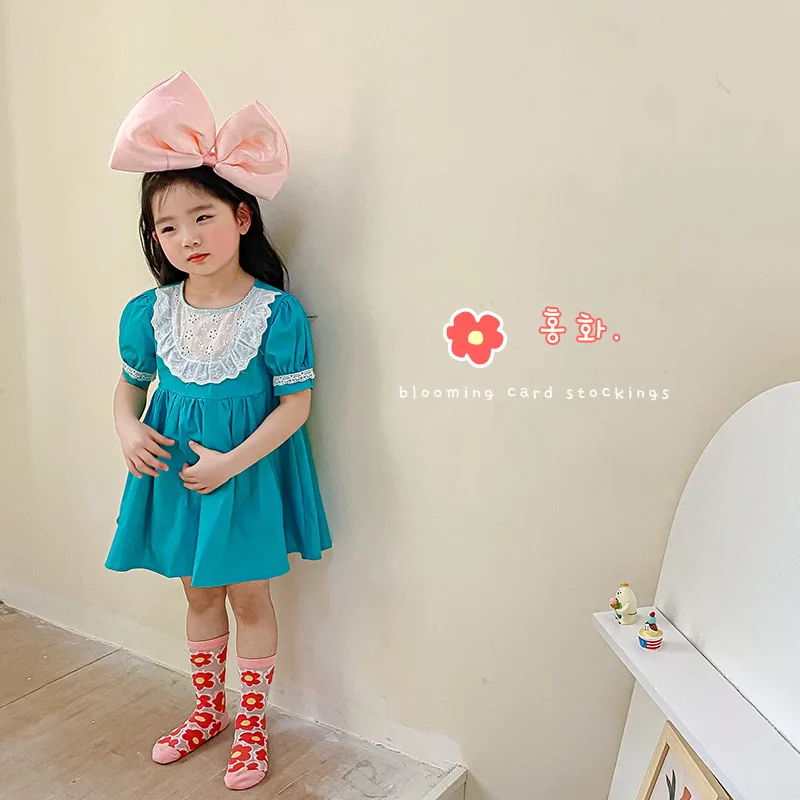 1-8 Year 4 Pairs 2022 summer color-blocking flower card crystal socks thin girls\' socks