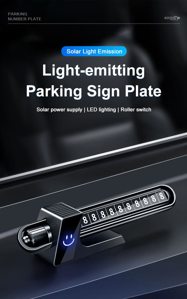 Leuchtende Parkplatz-Nummernschild mit Solarenergie, entworfen für die Dekoration des Armaturenbretts im Auto zur Anzeige temporärer Parkplatz-Telefonnummern – Detail 1