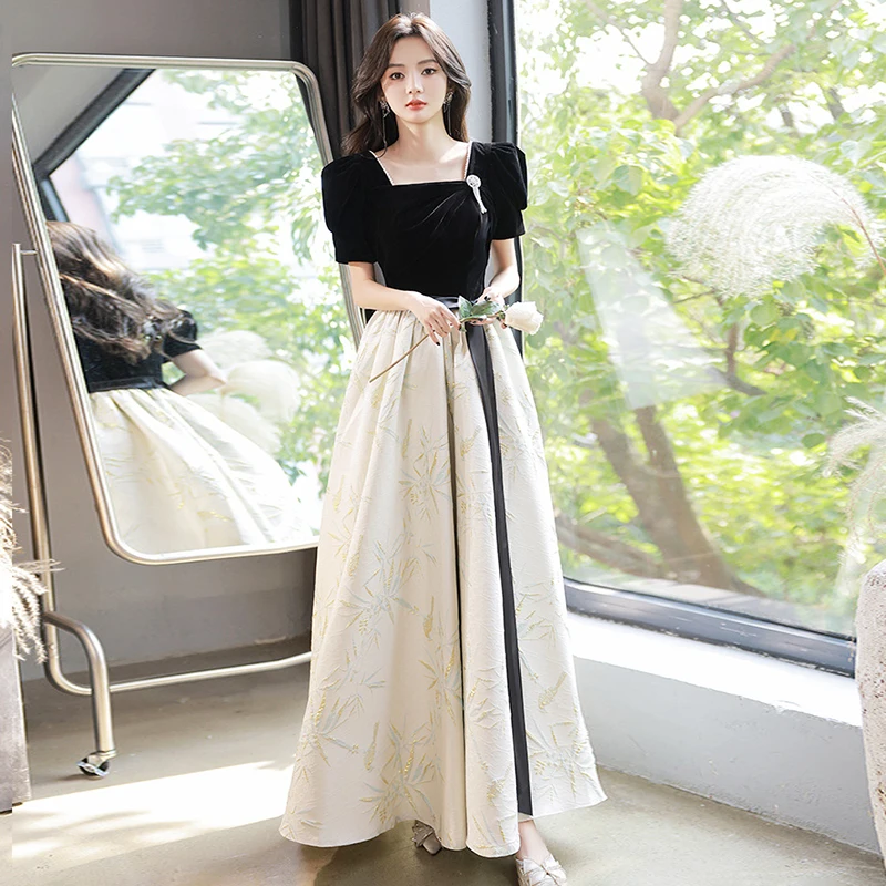 

125 Custom Evening Dress Robes De Soirée 2025 Square Collar Appliques TAFFETA Prom Dress Floor Length Short Sleeves with Big Bow