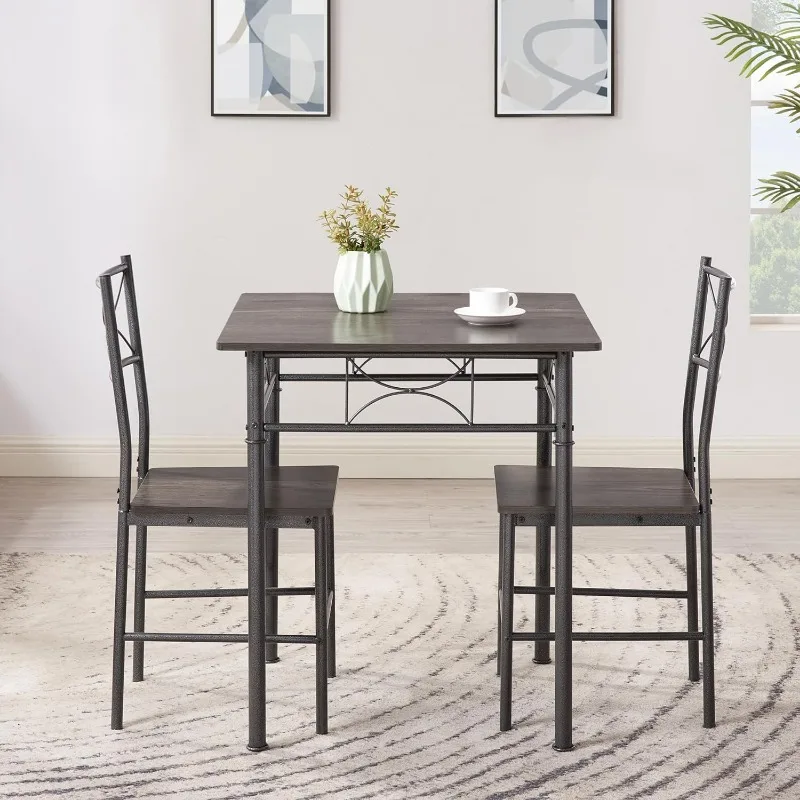 3-Piece Metal and Wood Indoor Modern Square Dining Table Furniture Set for Kitchen, Dining Room, Dinette,