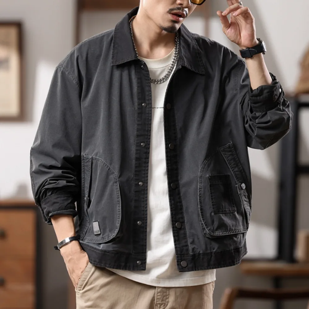 Spring and Autumn's new fashionable retro work jacket, men's lapel coat, color-blocking thin casual outerwear