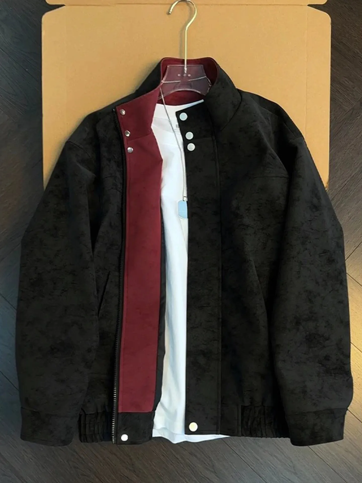 American Dyed PU Leather Flight Jacket Men's Short Collar Zipper Closure Contrast Color Baseball Style Casual Outerwear