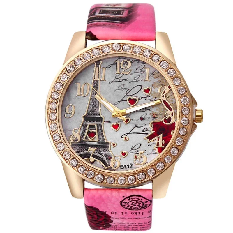 Women Watches Fashion Luxury Crystal Paris Eiffel Tower Watch Diamond Leather Band Ladies Quartz Wristwatch Casual Ladies Watch