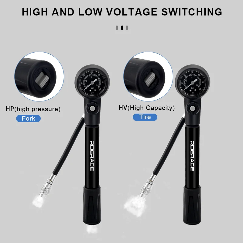 RIDERACE Bicycle Shock Pump 300psi Suspension Air Pump With Pressure Gauge Schrader Presta Valve AV FV Bike Fork Inflator HV/HP
