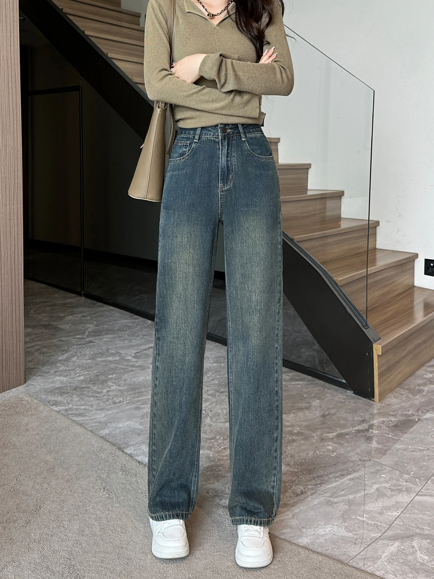 

Джинсы женские прямые с высокой талией и широкими штанинами, весна-осень, новинка, маленький размер, свободный крой, джинсовые брюки для повседневной носки