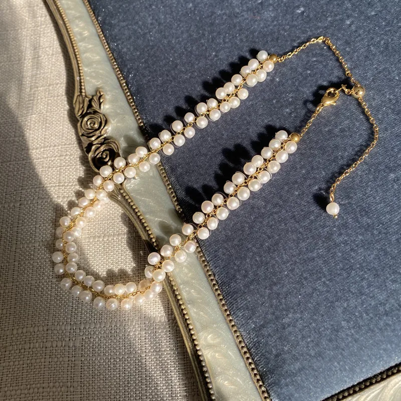 Japanese And Korean Style Simple Temperament Freshwater Pearl Woven Neck Chain Pull Adjustment Pearl Short Necklace Chocker Chai