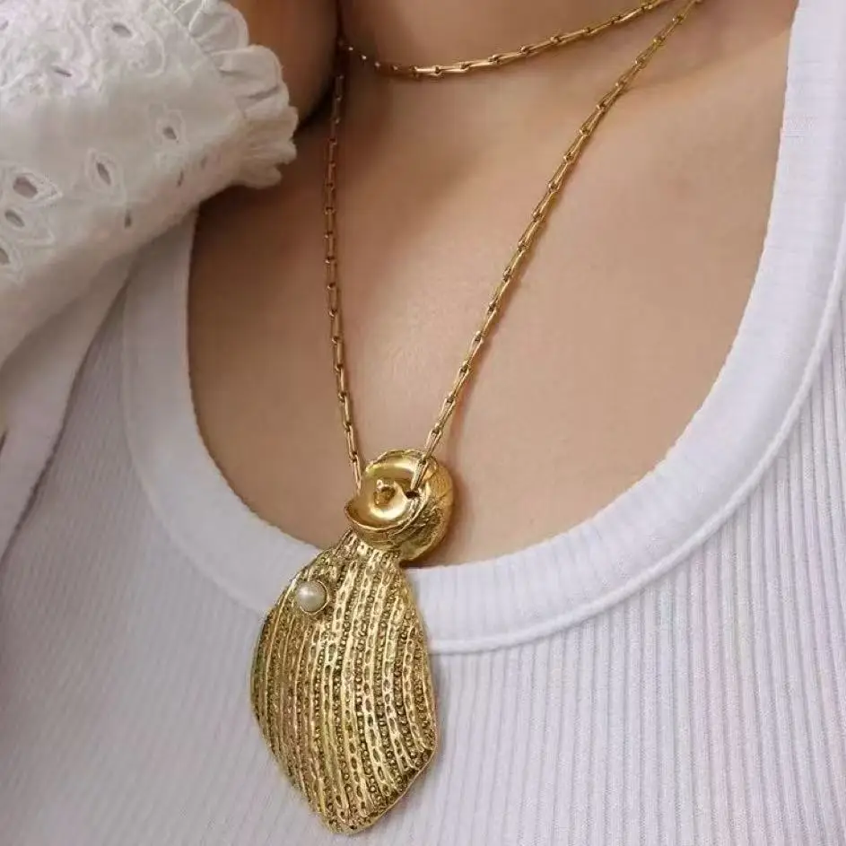 

New 18K Gold Plated Statement Large Shell Long Pendant Necklace for Women, Heavy Duty Craft Versatile Drop Jewelry
