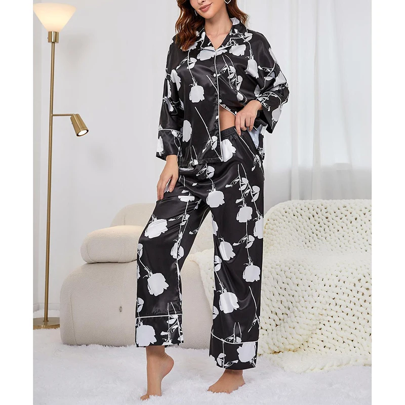 Silk Satin Floral Print Pajamas For Women\'s Autumn Lapel Nightwear Long Sleeve Cardigan Trousers Sets Home wear Suit Sleepwear