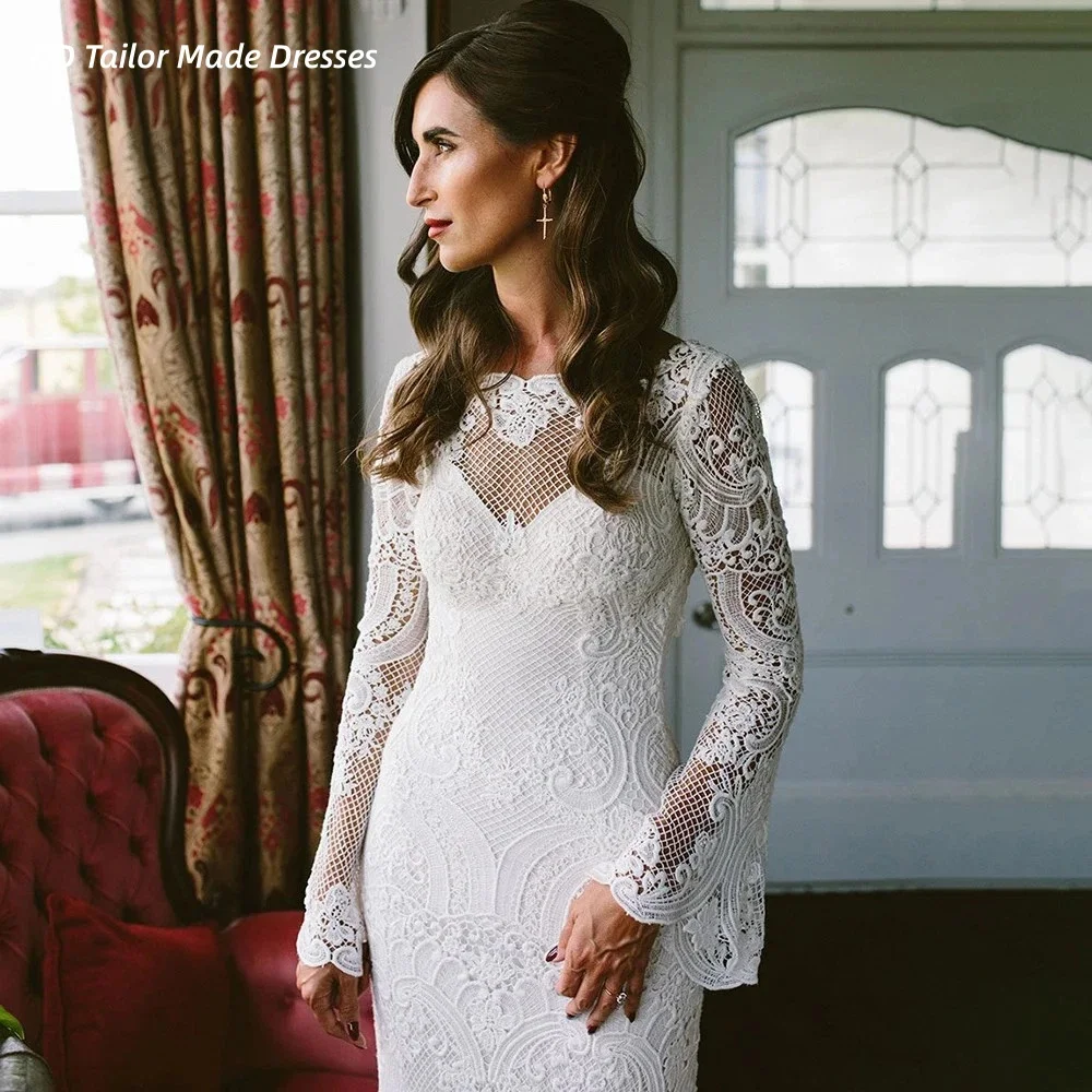 Sexy Backless Beach Wedding Dress Full Flare Sleeves Cotton Lace Long Bridal Gowns Court Train Boho Robe de mariée Customized