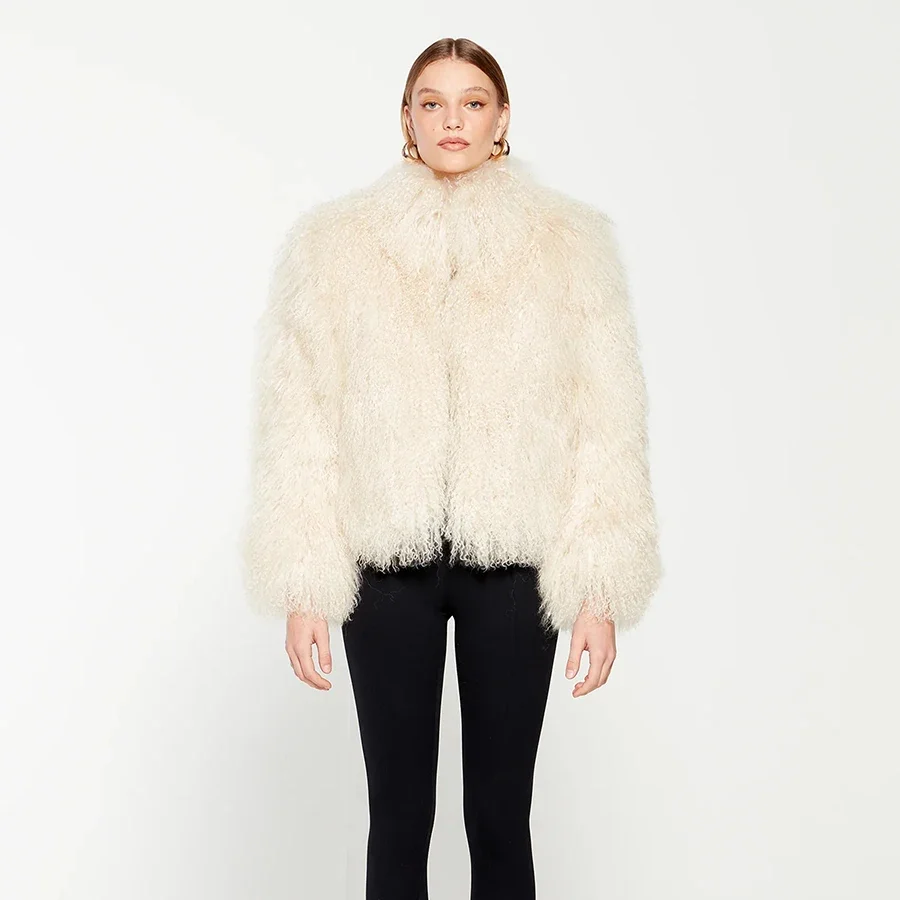 Lamb Fur Coat Natural Mongolian Sheep Fur Jacket Short With Round Collar Best Selling Female Real Fur Coat